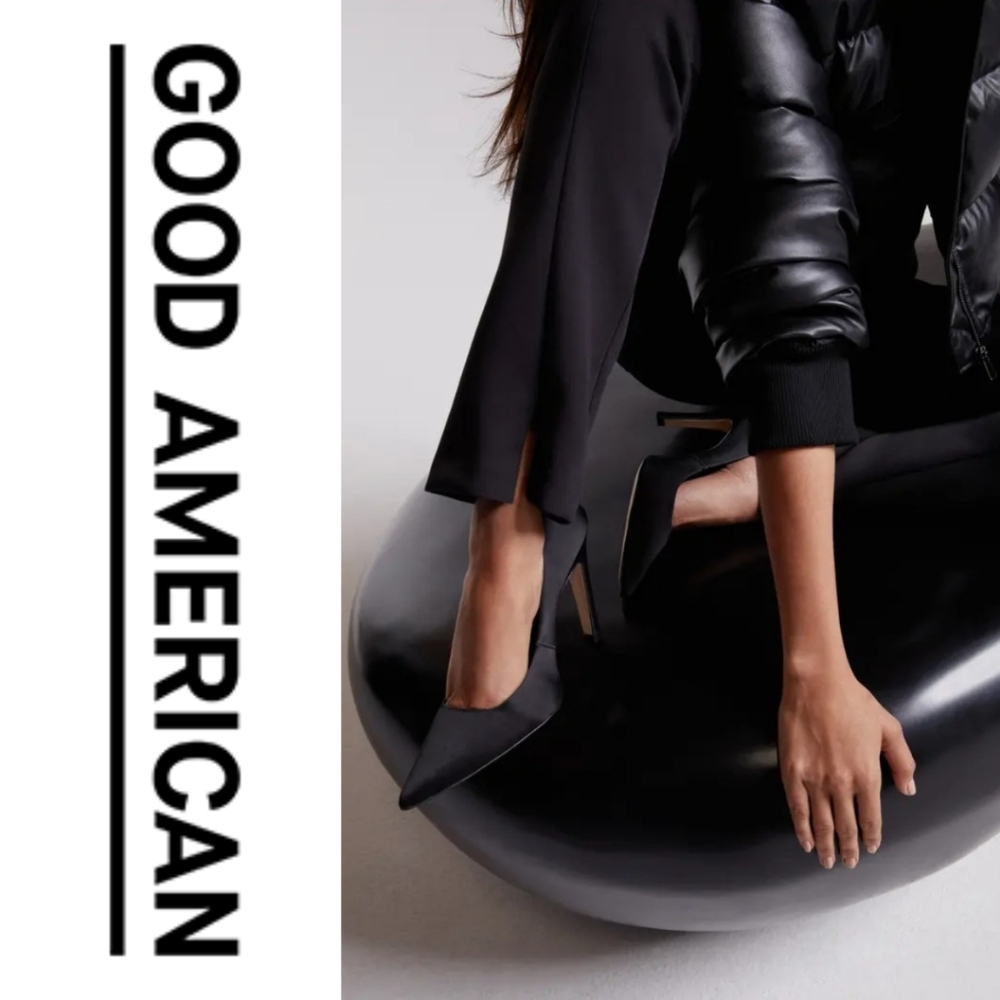 GOOD AMERICAN 🖤 The Icon Pointed Toe Pump - Black Satin - Size 7 - Picture 5 of 7
